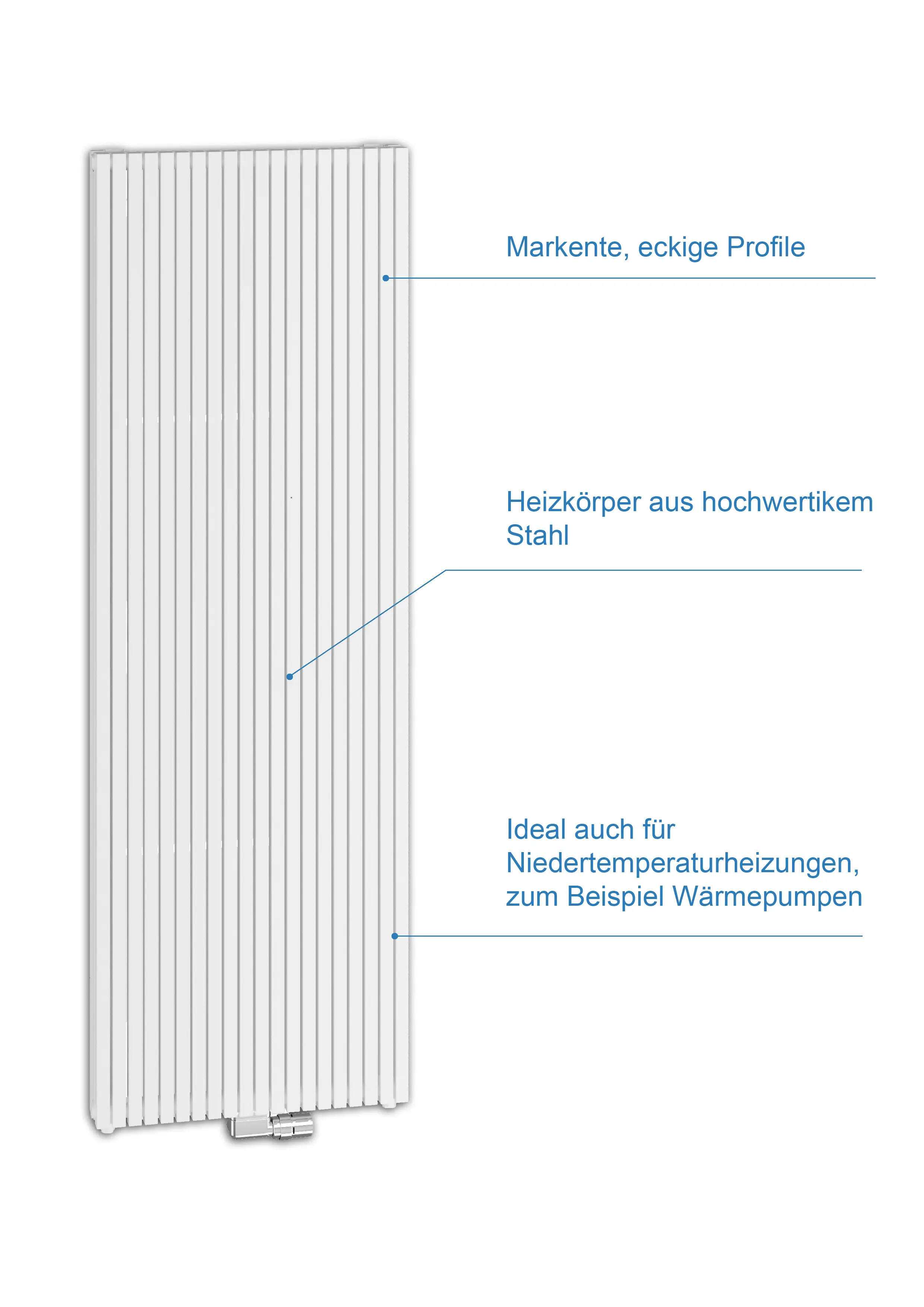 Vertikaler Kermi-Heizkörper mit gerillter Oberfläche, mittlere und seitliche Anschlussoptionen, geeignet für Niedertemperaturheizungen, vor heller Wand platziert.
